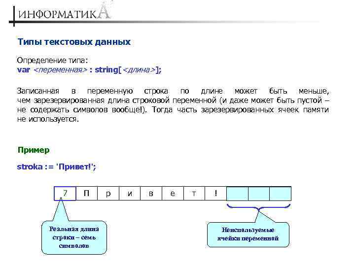 Типы текстовых данных Определение типа: var <переменная> : string[<длина>]; Записанная в переменную строка по