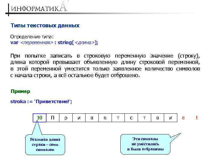 Типы текстовых данных Определение типа: var <переменная> : string[<длина>]; При попытке записать в строковую