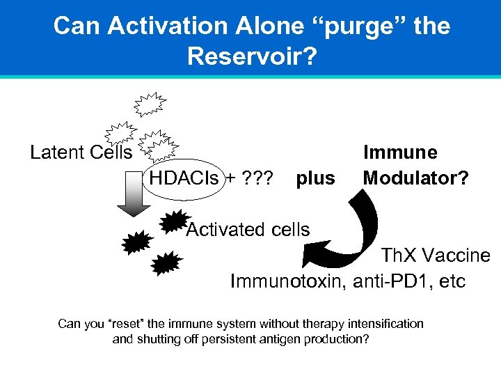 Can Activation Alone “purge” the Reservoir? Latent Cells HDACIs + ? ? ? plus