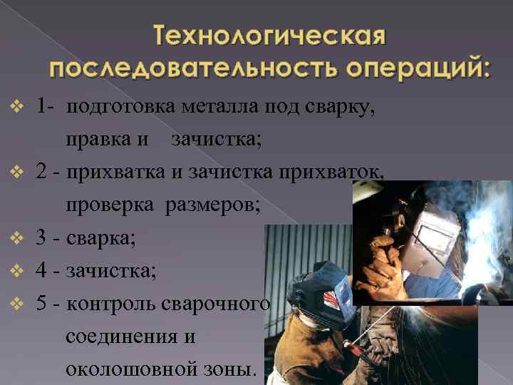 Технологическая последовательность операций: v v v 1 - подготовка металла под сварку, правка и