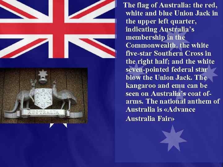 The flag of Australia: the red, white and blue Union Jack in the upper