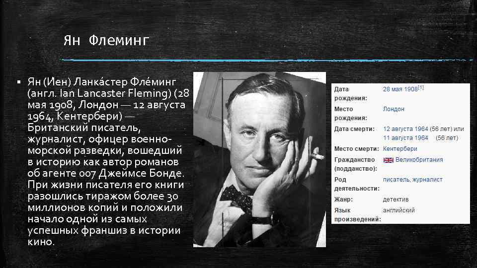 Ян Флеминг § Ян (И ен) Ланка стер Фле минг (англ. Ian Lancaster Fleming)