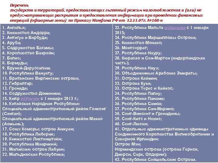 Перечень государств и территорий, предоставляющих льготный режим налогообложения и (или) не предусматривающих раскрытия и