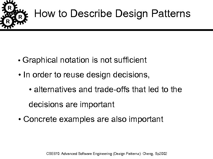 R R R How to Describe Design Patterns • Graphical notation is not sufficient
