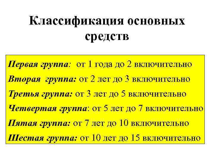 Классификация основных средств Первая группа: от 1 года до 2 включительно Вторая группа: от