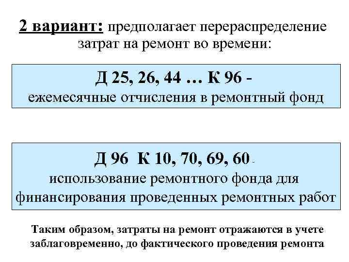 2 вариант: предполагает перераспределение затрат на ремонт во времени: Д 25, 26, 44 …