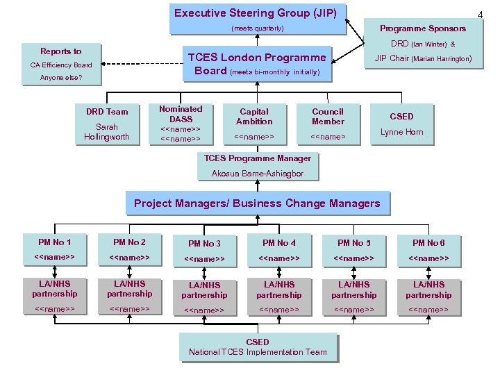 Executive Steering Group (JIP) 4 Programme Sponsors (meets quarterly) DRD (Ian Winter) & Reports