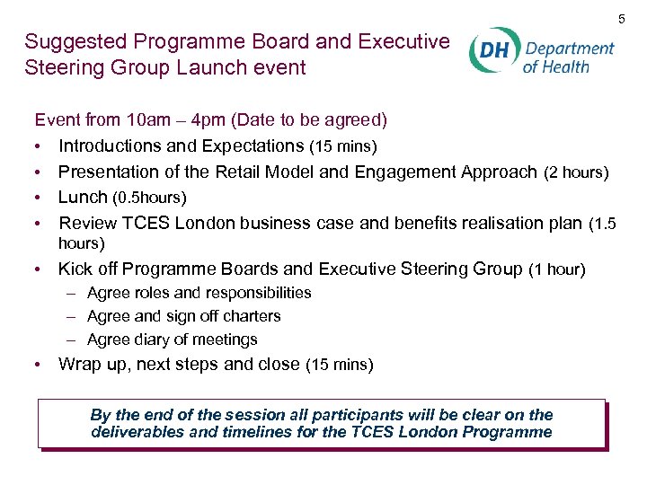 5 Suggested Programme Board and Executive Steering Group Launch event Event from 10 am