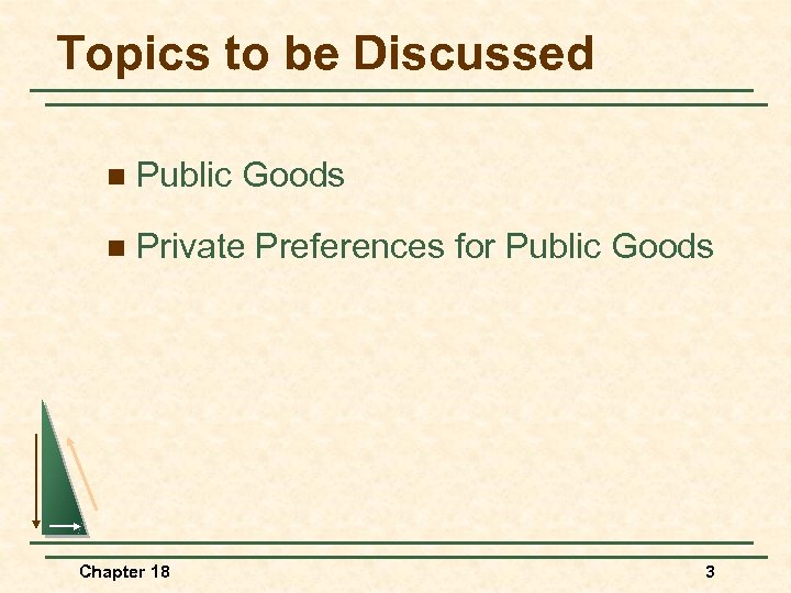 Topics to be Discussed n Public Goods n Private Preferences for Public Goods Chapter