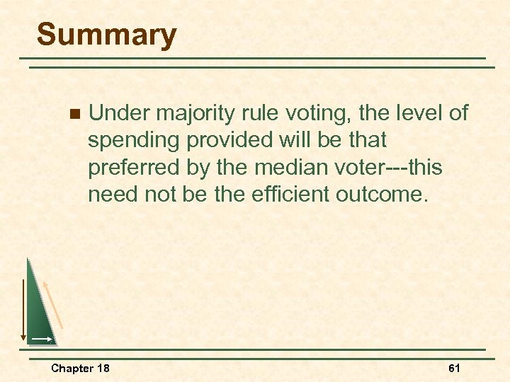 Summary n Under majority rule voting, the level of spending provided will be that