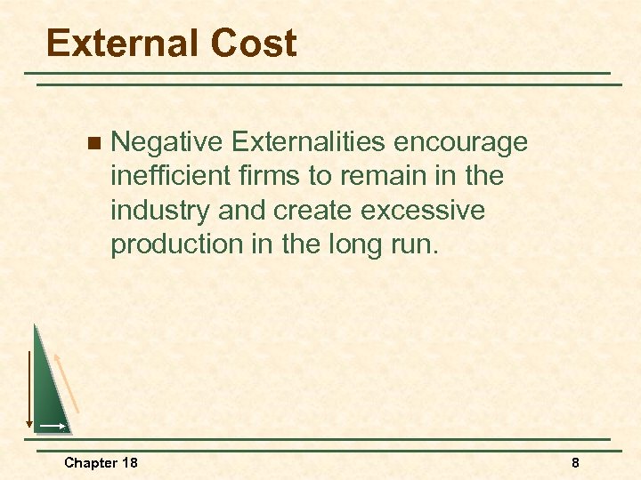 External Cost n Negative Externalities encourage inefficient firms to remain in the industry and