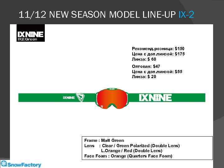 11/12 NEW SEASON MODEL LINE-UP IX-2 Рекоменд. розница: $150 Цена с доп. линзой: $175