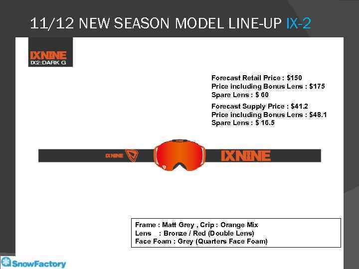 11/12 NEW SEASON MODEL LINE-UP IX-2 Forecast Retail Price : $150 Price including Bonus