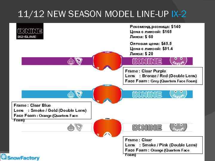 11/12 NEW SEASON MODEL LINE-UP IX-2 Рекоменд. розница: $140 Цена с линзой: $165 Линза: