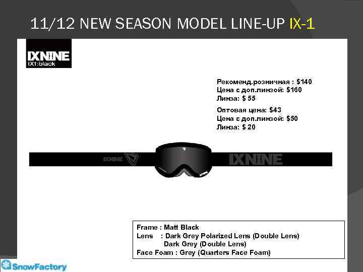 11/12 NEW SEASON MODEL LINE-UP IX-1 Рекоменд. розничная : $140 Цена с доп. линзой: