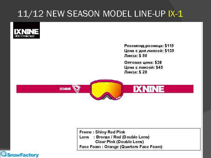 11/12 NEW SEASON MODEL LINE-UP IX-1 Рекоменд. розница: $115 Цена с доп. линзой: $135