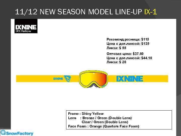 11/12 NEW SEASON MODEL LINE-UP IX-1 Рекоменд. розница: $115 Цена с доп. линзой: $135