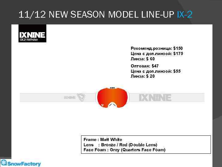 11/12 NEW SEASON MODEL LINE-UP IX-2 Рекоменд. розница: $150 Цена с доп. линзой: $175