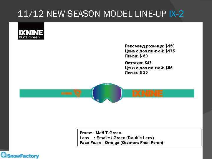 11/12 NEW SEASON MODEL LINE-UP IX-2 Рекоменд. розница: $150 Цена с доп. линзой: $175