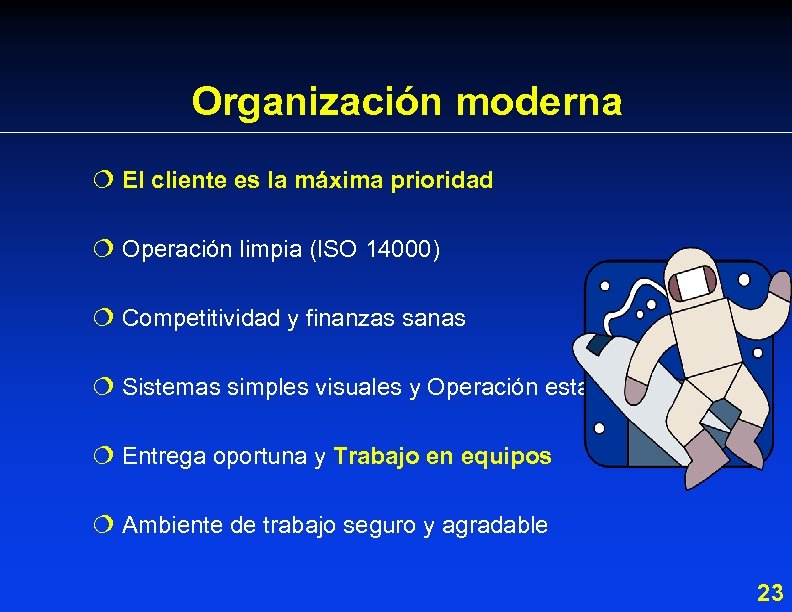 Organización moderna ¦ El cliente es la máxima prioridad ¦ Operación limpia (ISO 14000)