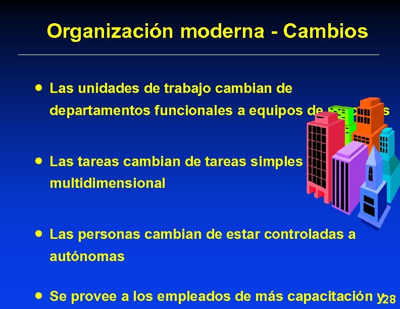 Organización moderna - Cambios · Las unidades de trabajo cambian de departamentos funcionales a