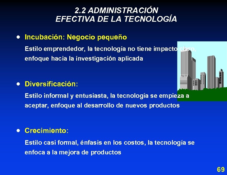 2. 2 ADMINISTRACIÓN EFECTIVA DE LA TECNOLOGÍA · Incubación: Negocio pequeño Estilo emprendedor, la