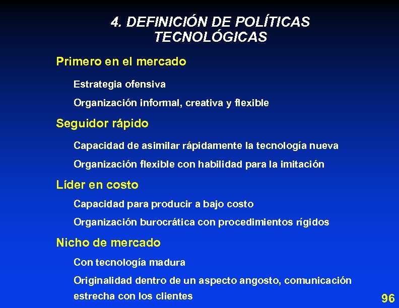 4. DEFINICIÓN DE POLÍTICAS TECNOLÓGICAS Primero en el mercado Estrategia ofensiva Organización informal, creativa