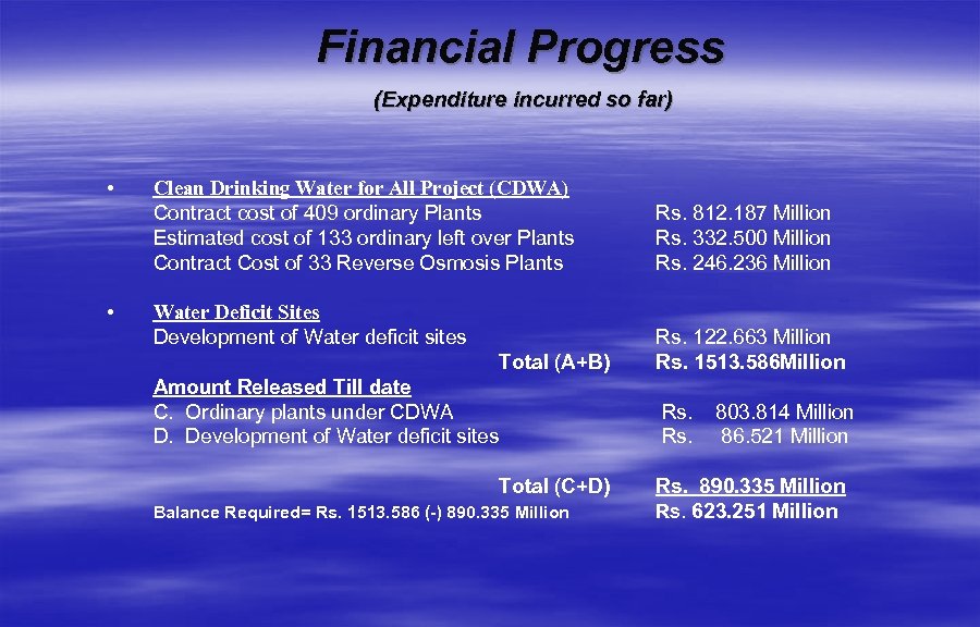 Financial Progress (Expenditure incurred so far) • • Clean Drinking Water for All Project