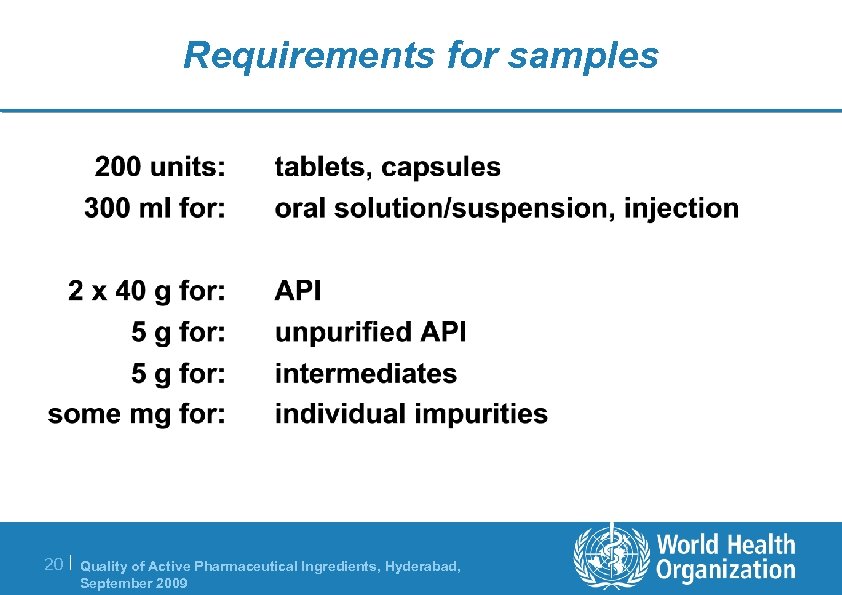 Requirements for samples 20 | Quality of Active Pharmaceutical Ingredients, Hyderabad, September 2009 