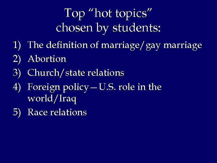 Top “hot topics” chosen by students: 1) 2) 3) 4) The definition of marriage/gay