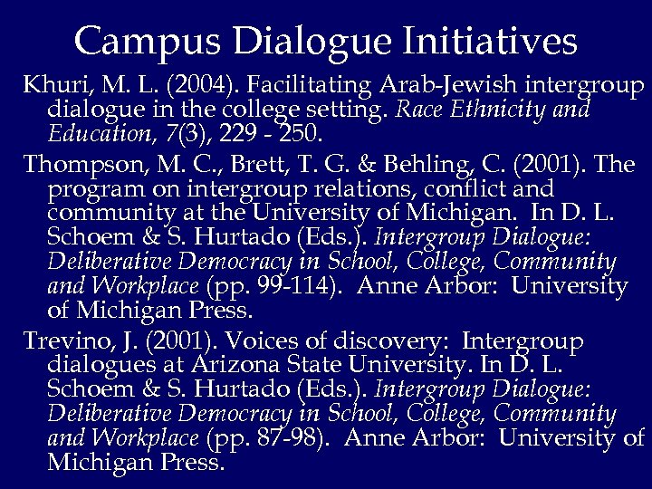 Campus Dialogue Initiatives Khuri, M. L. (2004). Facilitating Arab-Jewish intergroup dialogue in the college