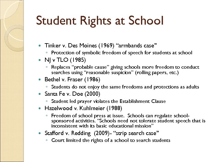 Student Rights at School Tinker v. Des Moines (1969) “armbands case” ◦ Protection of