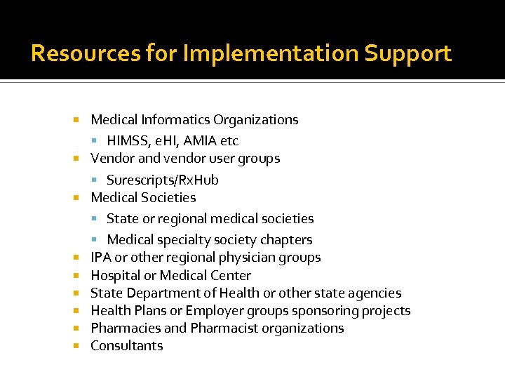 Resources for Implementation Support Medical Informatics Organizations HIMSS, e. HI, AMIA etc Vendor and
