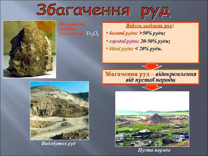 Магнітний залізняк (магнетит) Fe 3 O 4 Якість залізних руд: • багаті руди: >50%