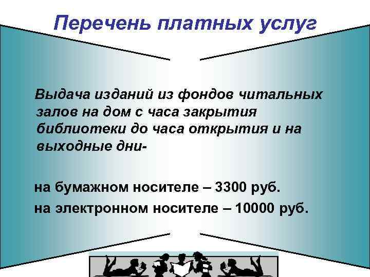Перечень платных услуг Выдача изданий из фондов читальных залов на дом с часа закрытия