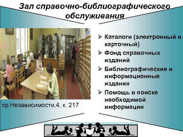 Зал справочно-библиографического обслуживания пр. Независимости, 4, к. 217 Ø Каталоги (электронный и карточный) Ø