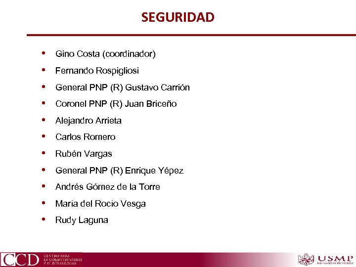SEGURIDAD • • • Gino Costa (coordinador) Fernando Rospigliosi General PNP (R) Gustavo Carrión