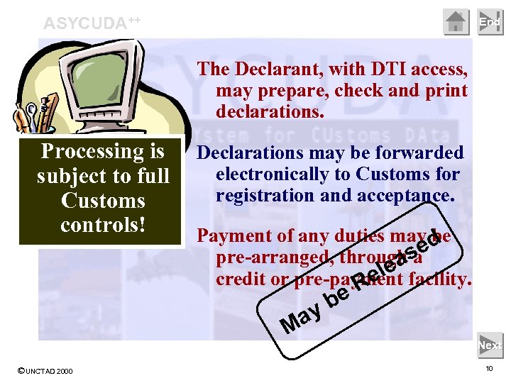 ASYCUDA++ End The Declarant, with DTI access, may prepare, check and print declarations. Processing