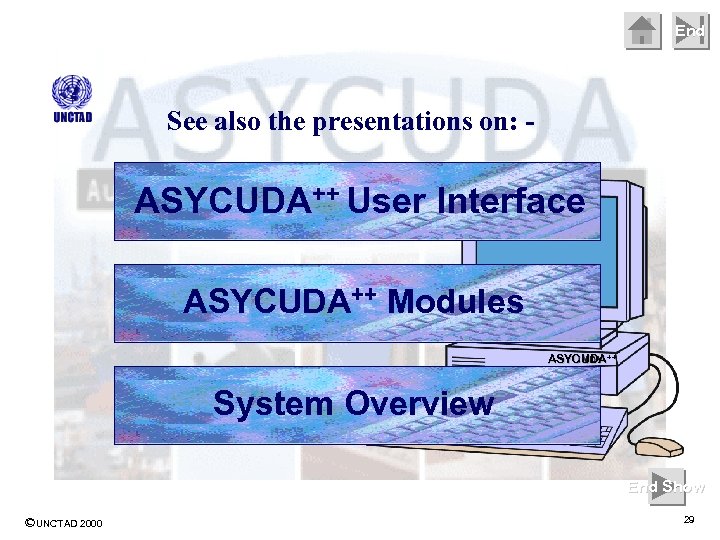 End See also the presentations on: - ASYCUDA++ User Interface ASYCUDA++ Modules ASYCUDA++ System