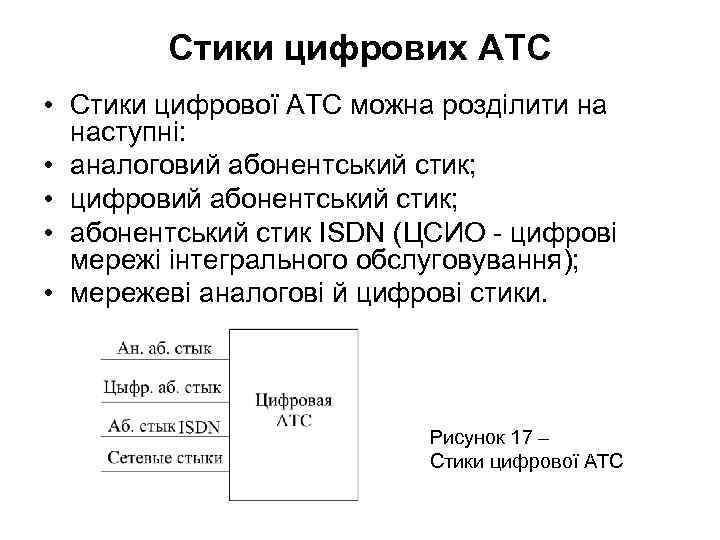 Стики цифрових АТС • Стики цифрової АТС можна розділити на наступні: • аналоговий абонентський