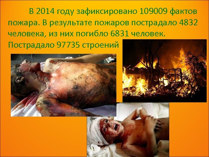 В 2014 году зафиксировано 109009 фактов пожара. В результате пожаров пострадало 4832 человека, из