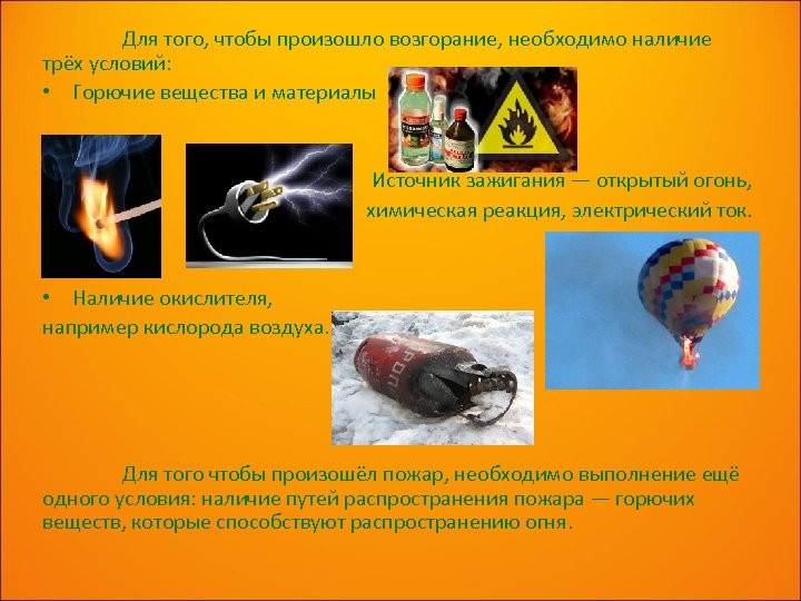 Для того, чтобы произошло возгорание, необходимо наличие трёх условий: • Горючие вещества и материалы