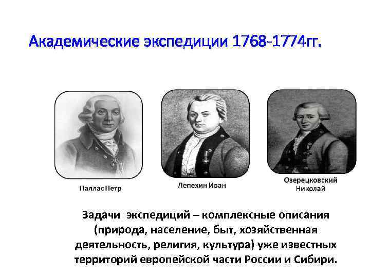 Академические экспедиции 1768 -1774 гг. Задачи экспедиций – комплексные описания (природа, население, быт, хозяйственная