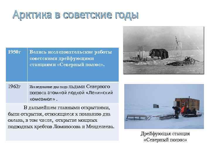 Арктика в советские годы 1950 г Велись исследовательские работы советскими дрейфующими станциями «Северный полюс»