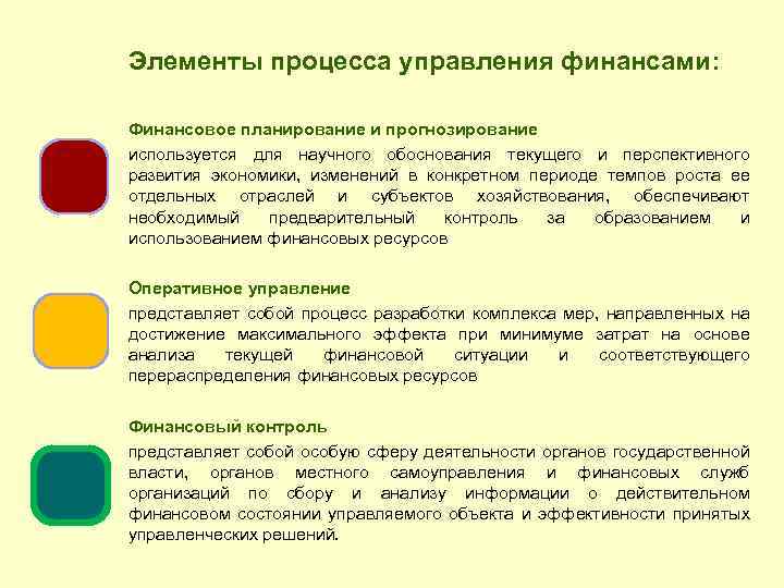 Элементы процесса управления финансами: Финансовое планирование и прогнозирование используется для научного обоснования текущего и