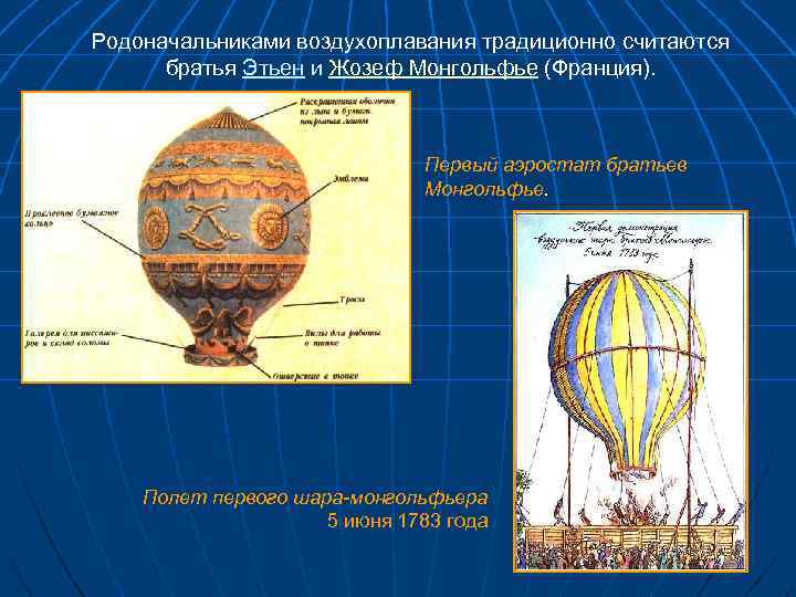 Родоначальниками воздухоплавания традиционно считаются братья Этьен и Жозеф Монгольфье (Франция). Первый аэростат братьев Монгольфье.