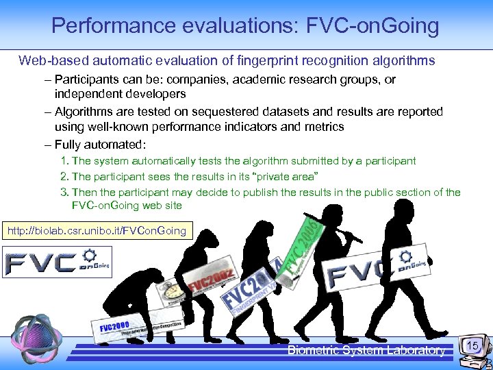 Performance evaluations: FVC-on. Going Web-based automatic evaluation of fingerprint recognition algorithms – Participants can