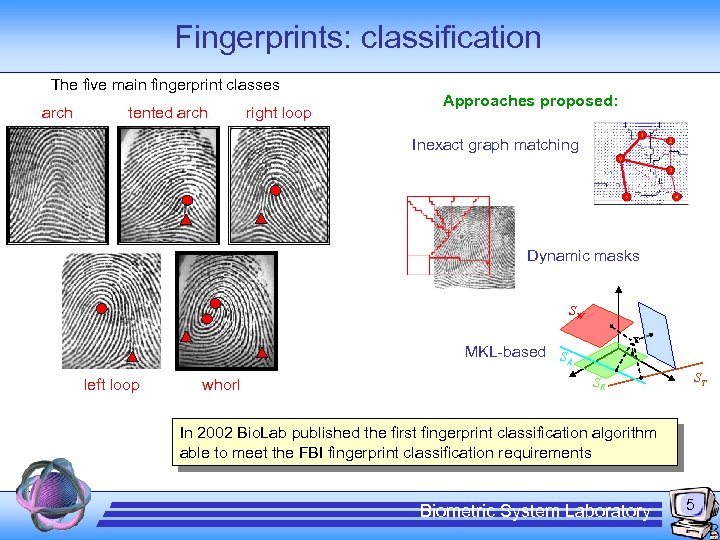 Fingerprints: classification The five main fingerprint classes arch tented arch right loop Approaches proposed: