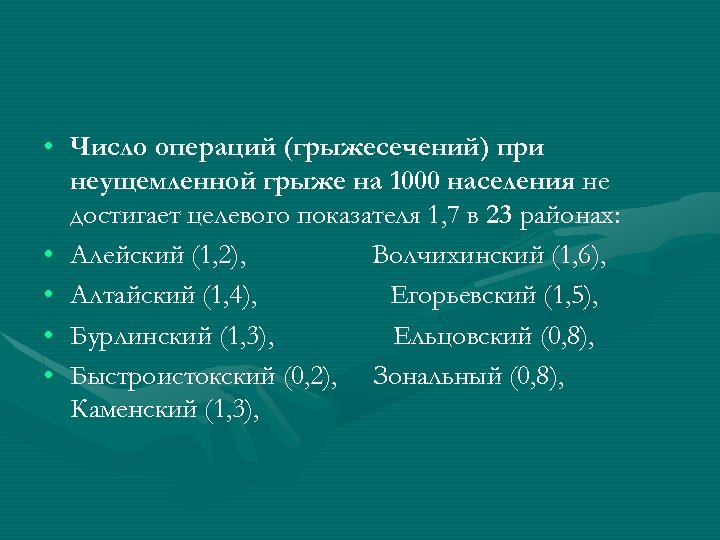  • Число операций (грыжесечений) при неущемленной грыже на 1000 населения не достигает целевого
