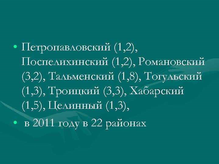 • Петропавловский (1, 2), Поспелихинский (1, 2), Романовский (3, 2), Тальменский (1, 8),